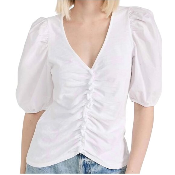 Nation LTD Giada Ruched Puff Sleeve Blouse White Cotton Designer Top S - Picture 9 of 9